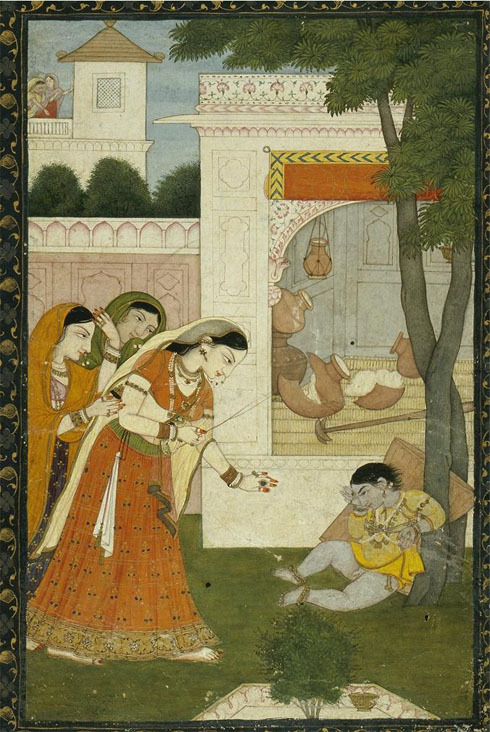 Krishna Tied to a Mortar for Stealing Butter [Miniature Painting]